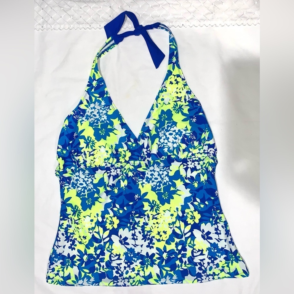 Athletech Tankini top halter blue and neon yellow floral Size 18